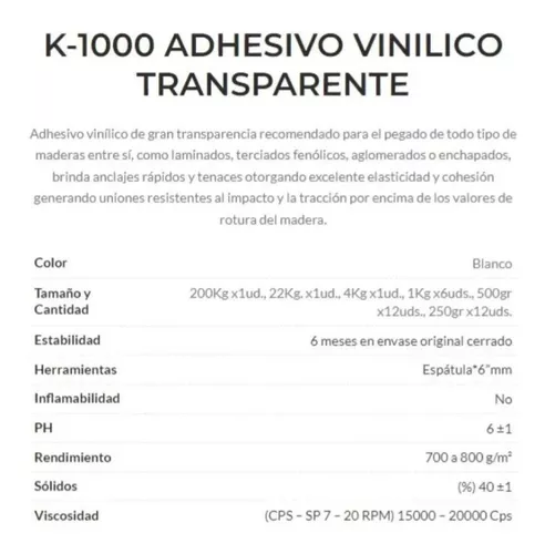 Pegamento Vinilico Kekol Adhesivo Vinilico Cola Carpintero K1000 color  blanco de 22kg