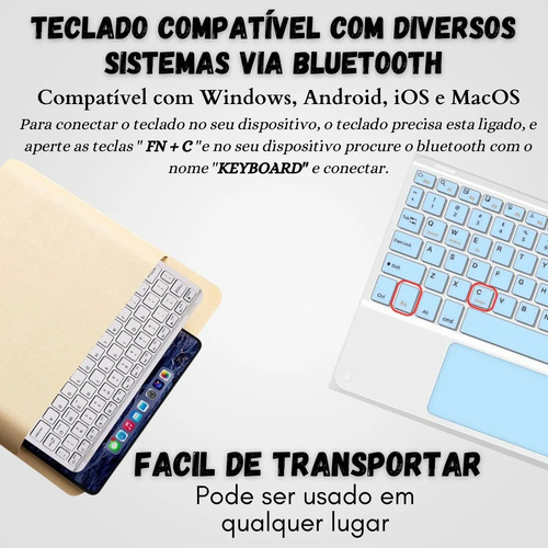 Teclado Touch Para Galaxy Tab S6 S7 Lite A8 A9 Ipad 6 7 8 9 Branco