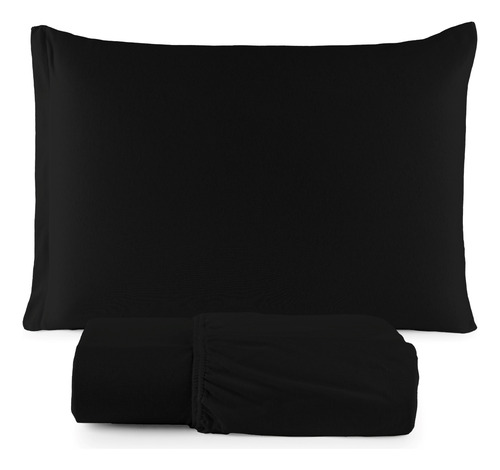 Jogo De Cama Solteiro Lençol 02 Pçs C/ Elástico Malha 100% Algodão Fio 30/1 Penteado Preto