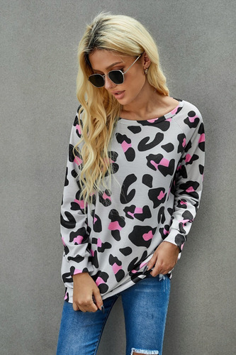Blusa Manga Larga Leopardo Animal Print Fiusha Color Gris Blusa Manga Larga Leopardo Animal Print Fiusha Color Gris