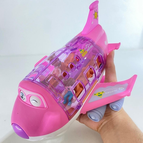 Avião De Brinquedo Bate E Volta Musical Gira 360 Com Som Luz Cor Rosa