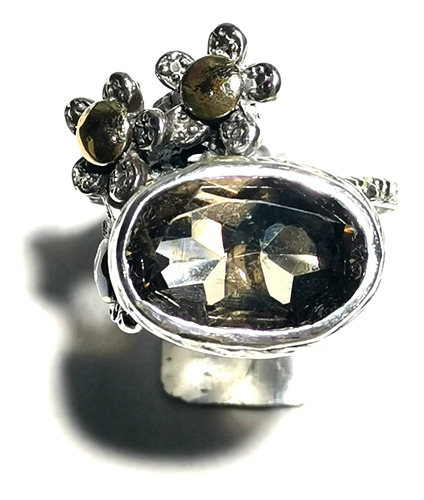 Anillo De Plata Oro Cuarzo Ahumado Diseño Autor Unico Flor