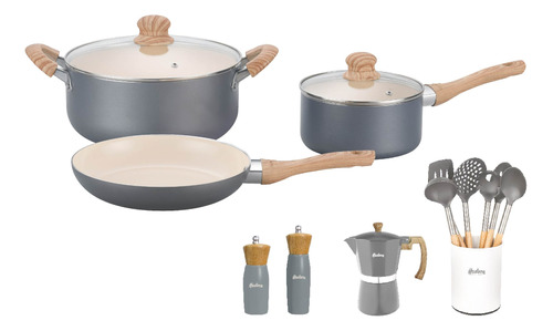 Set Ollas + Utensilios + Cafetera Italiana Linea Hudson