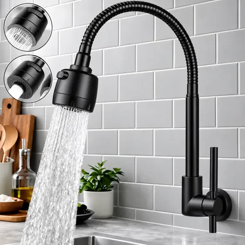 Torneira Cozinha Inox 360° Flexível 2 Jato Bancada De Parede Preto Brilhante
