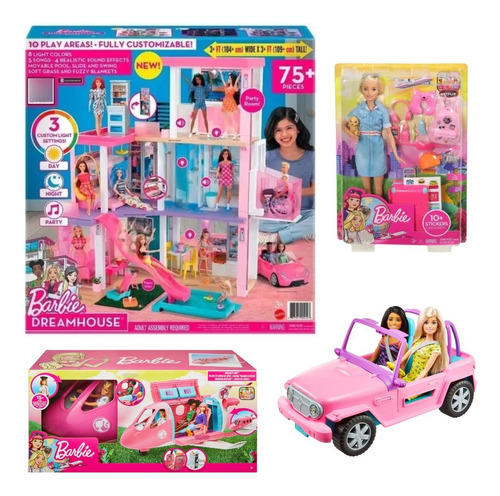 Mega Pack Combo Barbie Casa + Muñecas + Avion + Jeep Mattel 