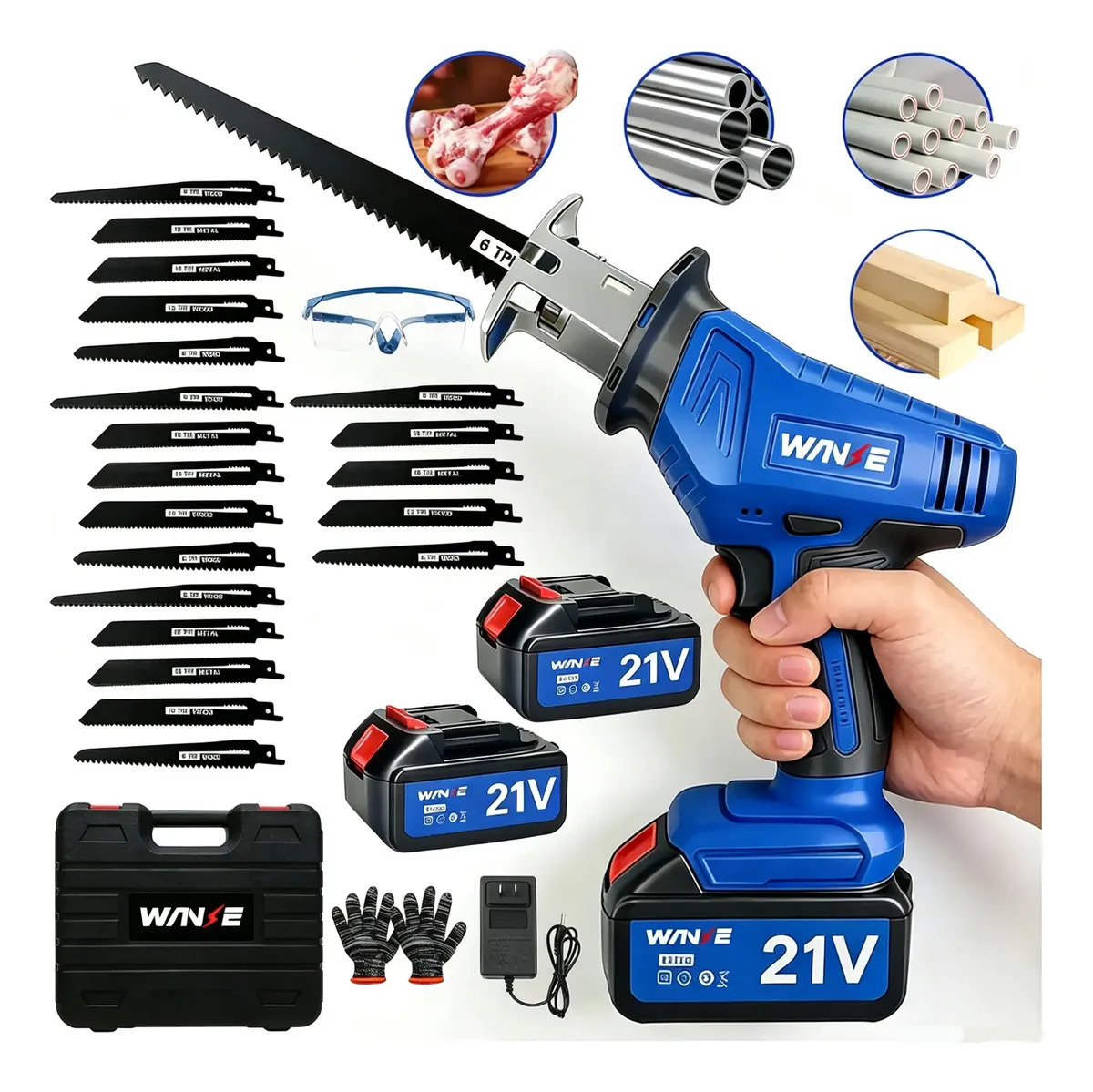 Sierra Recíproca Inalámbrica Sierra Sable Eléctrico 900W Wanse 21V con 20 Hojas y Guantes para Madera y Metal Hueso y PVC，Maletín y Luz LED