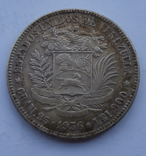 Moneda De Plata 5 Bolivares 1936 Muy Bonita