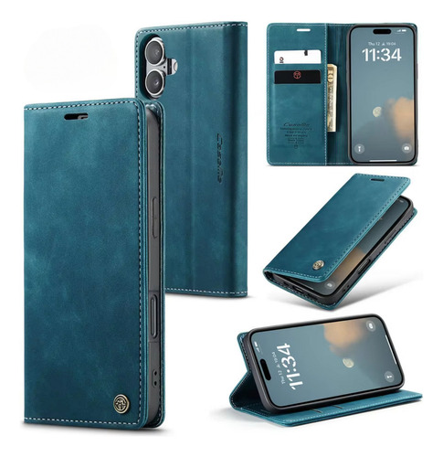 Capa Capinha Case Couro Carteira Magnética Para iPhone 16 Plus - Cor Azul