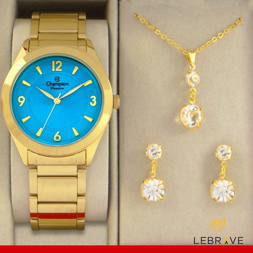 Relógio Champion Feminino Dourado Azul Kit Ouro 18k Original