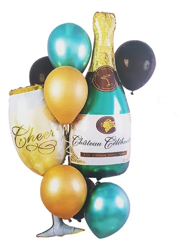 Kit Set Globo Feliz Cumpleaños Botella Champagne Copa Cheer