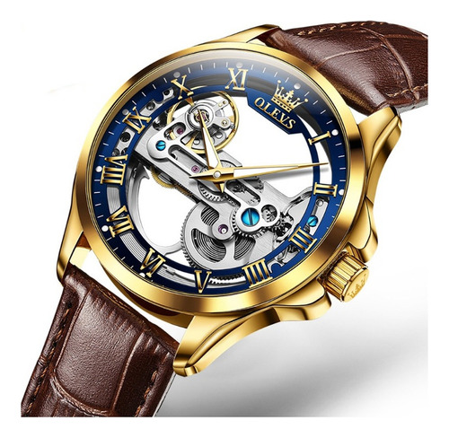 Relojes Mecánicos De Lujo Olevs Leather Para Hombre Color Del Fondo Gold/blue