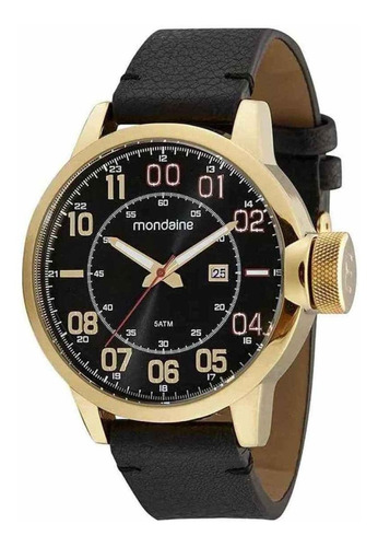 Relógio Masculino Casual Com Calendário Dourado Mondaine Cor da correia Preto Cor do fundo Preto