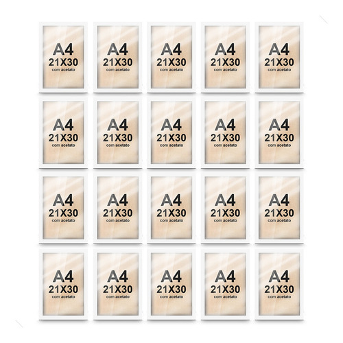 Kit 20 Molduras Para Quadro A4 21x30 Certificado Com Acetato Cor Branco Kit 20 Porta Retratos