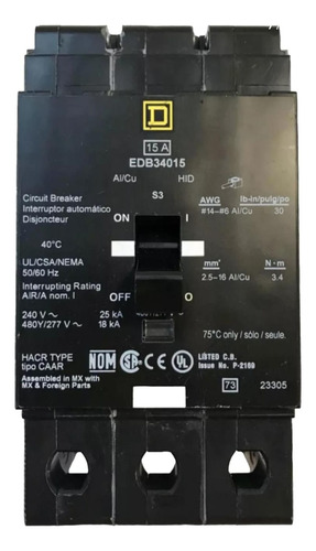Interruptor Termomagnetico Square D Edb34015 3 Polos 15 Amp