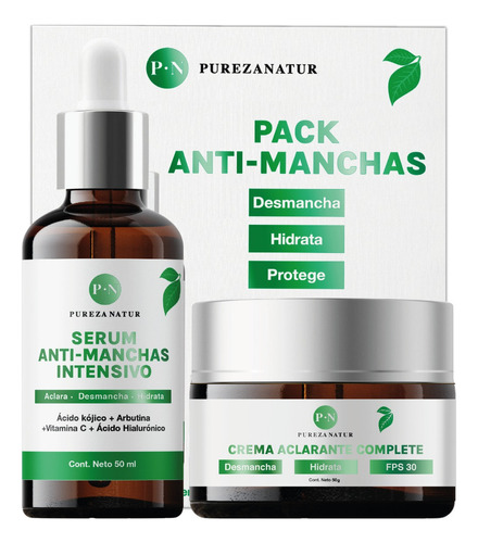 Pack Antimanchas Aclarante Intensivo Antiedad Facial todo Tipo De Piel con serum antimanchas y crema facial complete FPS 30  Pureza Natur