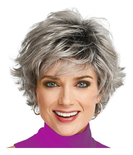 Peluca Ombre De Mujer, Corta Y Despeinada, Gris Degradado