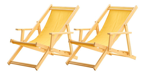 Kit 2 Cadeiras Espreguiçadeira Preguiçosa Dobrável Madeira Cor Amarelo