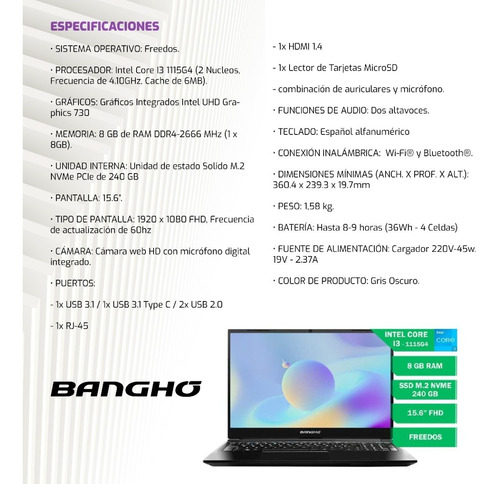 Imagen 6 de 10 de Notebook Bangho Max L5 Corel I3 Ram 8gb Ssd 240gb 15.6