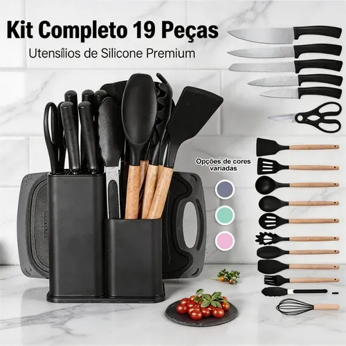 Kit 19 Utensílios para Cozinha com Tábua E Espátula Preto - foto 1