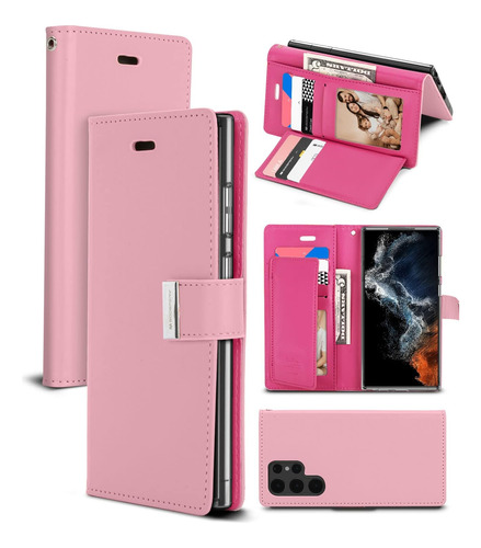 Funda Rosa Billetera Cuero Pu Para Samsung Galaxy S22 Ultra