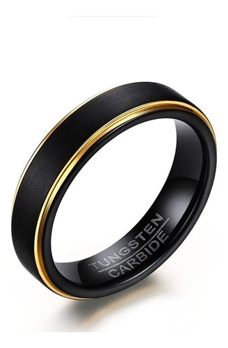 Anillo Negro Mate Con Dorado De Tungsteno Para Hombres