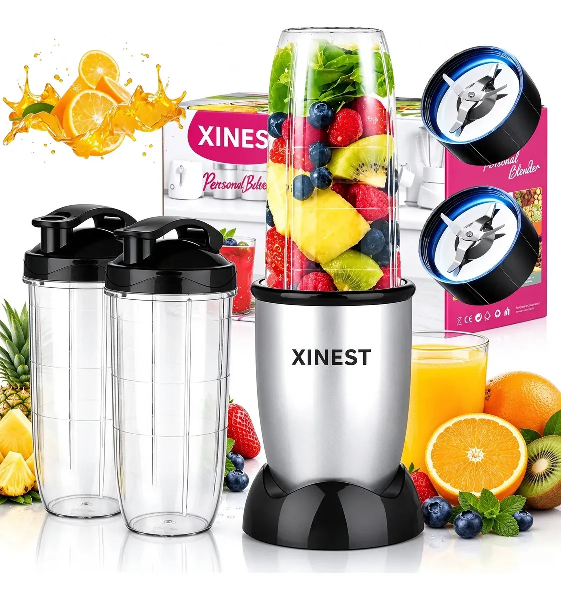 Xinest 500w Plata Licuadora Portátil Con 2x700ml Vaso De Plástico Color Plateado,Licuadoras Baratas de Acero Inoxidable para Vida Sana, Electrodomésticos y Accesorios de Cocina
