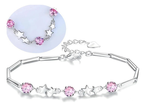 Pulsera Plata 925 Estrellas Ajustable Circones En Oro Blanco