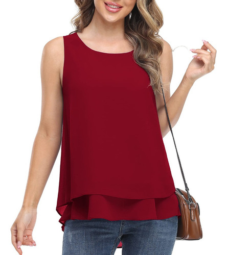 I Blusa Casual De Doble Capa De Chifón Sin Mangas Para Mujer
