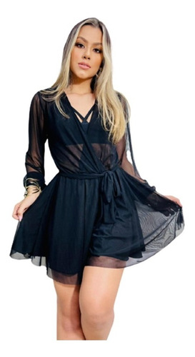 Vestido Enterizo Falda Short Manga Larga Style Princesa Negr