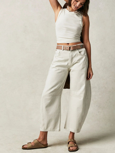 Pantalones De Mezclilla Dama Blanco Elástico Recto Suelto