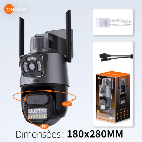Câmera De Segurança Basike Full Hd 6mp Lente Dupla Visão Noturna Visão 6x Zoom Com Função De Alarme De Luz Vermelha E Azul Ip66 Ios Android App Icsee Cor Preto