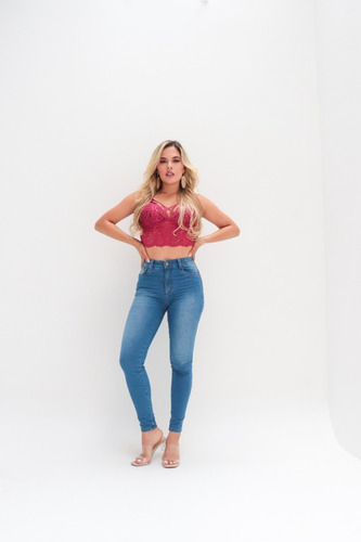 Imagen 5 de 10 de Jeans Tiro Alto Azul Medio Stretch Dama Skinny Levantacola