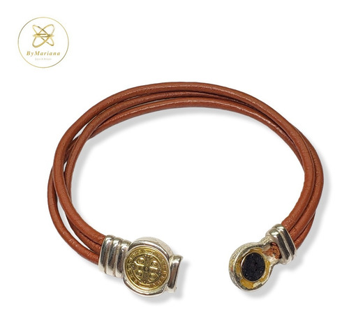 Imagen 6 de 7 de Pulsera Plata Y Oro Y Cuero San Benito Con Iman