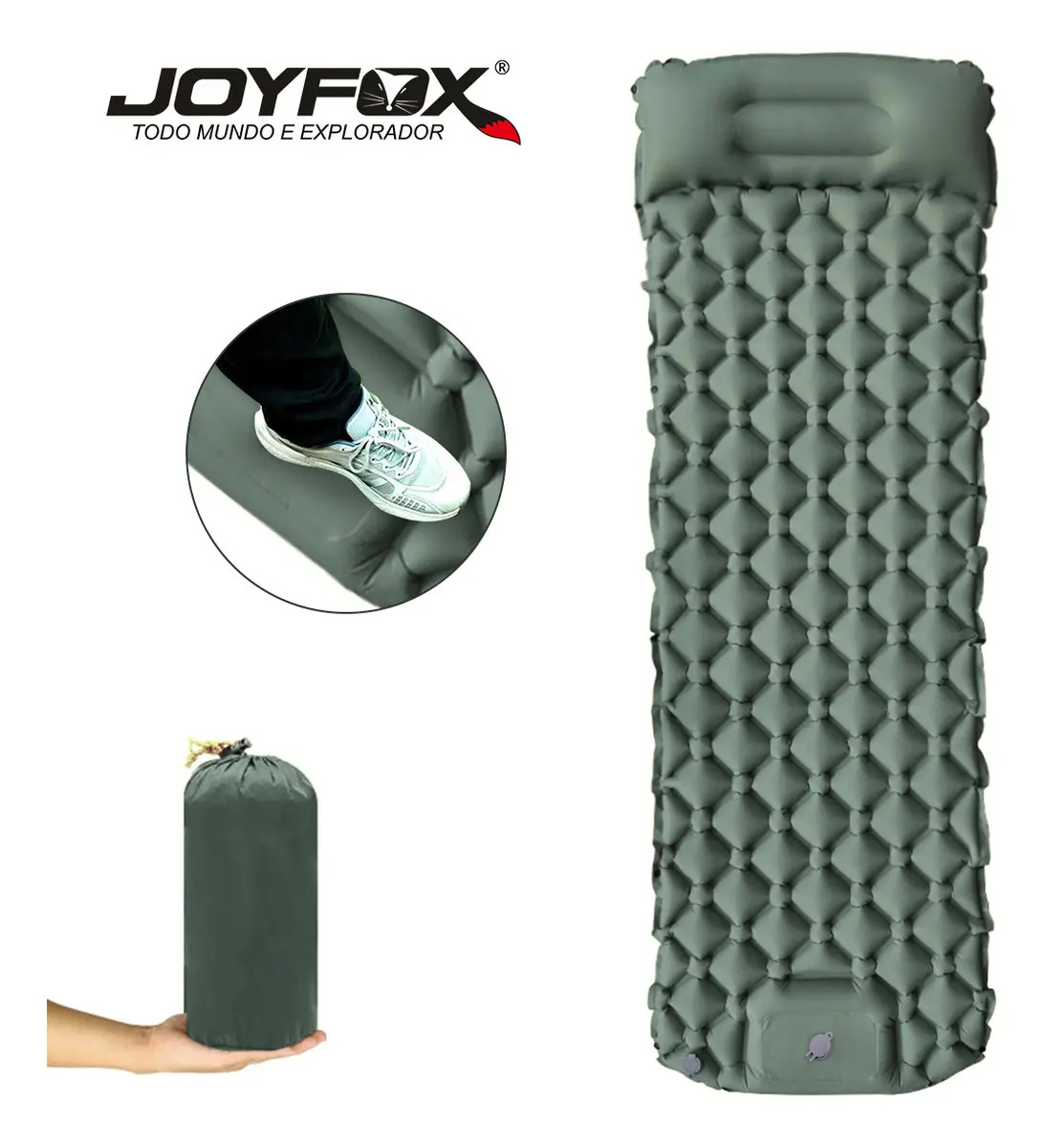 Colchonete Inflável Solteiro Joyfox 190x60cm Verde Com Travesseiro e Bomba Manual