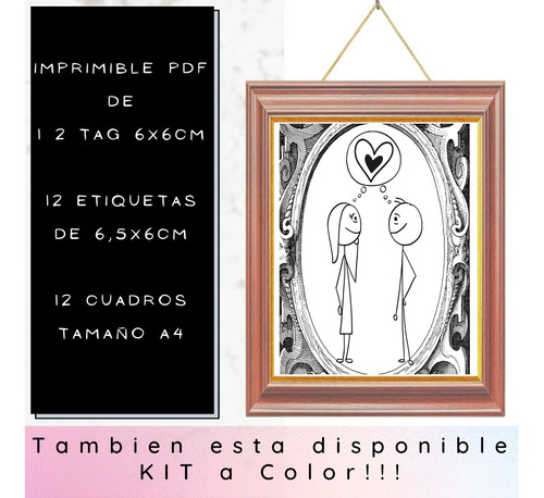Imagen 4 de 5 de Kit Imprimible Pdf 2 San Valentín B N Tag Etiquetas Cuadros