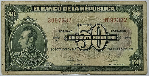 Billete 50 Pesos 01/ene/1951 7 Digitos Colombia F-vf 