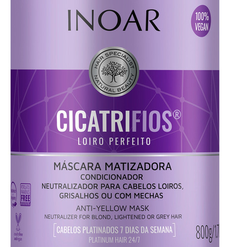 Imagem 3 de 5 de Máscara Matizador Inoar Cicatrifios Loiro Perfeito 800g