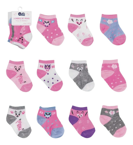 Kit 3 Pares De Meia Infantil Bebe Algodão Cano Longo Estampa