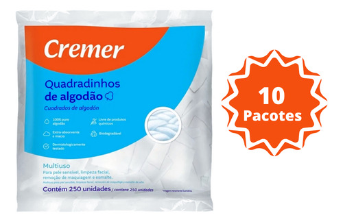 Kit-10 Algodão Quadradinhos Limpeza Pele E Unhas C/2500 Und