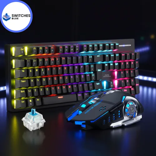 Kit Combo Gamer Teclado Mecânico Blue Switch Com Mouse Led Rgb Óptico 7 Botões Preto Para Notebook Pc Computador Digital Informática