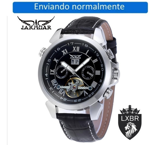 Relogio Social Jaragar Turbilhao Automatico Couro Preto Funcional 100% Top Luxo Frete Gratis Lxbr R34c