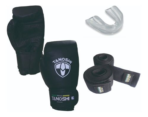 Kit Luva Boxe Tanoshi Cx Black + Bandagem + Bucal