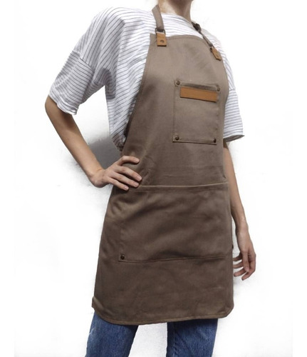 Imagen 2 de 5 de Delantal Gabardina Y Cuero Vacuno Genuino Cocina Hogar