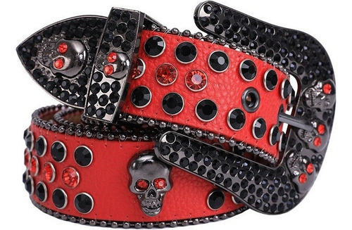 Cinturón De Diamantes Imitación Cintura Punk De Moda Cráneo Color Rojo Talla 105cm