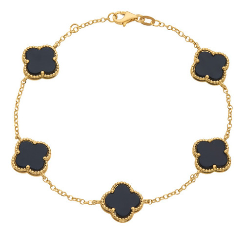 Pulseira Portuguesa Ouro 18k 750 5 Trevos Ônix 12 Mm