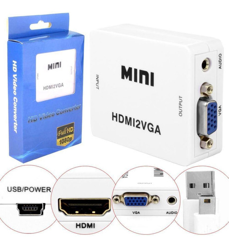 Mini Adaptador Conversor Hdmi Vga Áudio E Vídeo Hdmi2vga