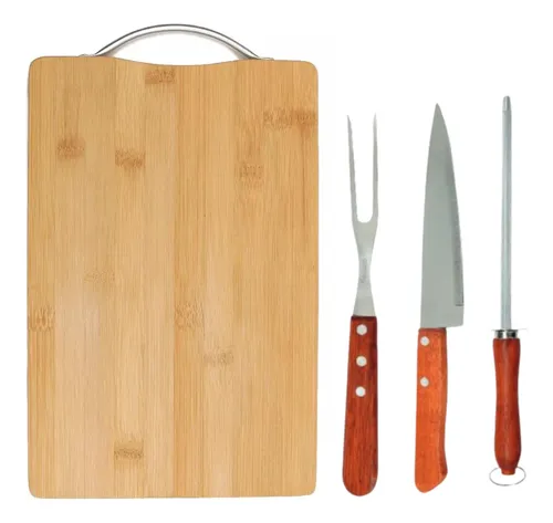 Kit Churrasco 3 Pçs Cabo Madeira Tábua Corte Bambu Alça Inox