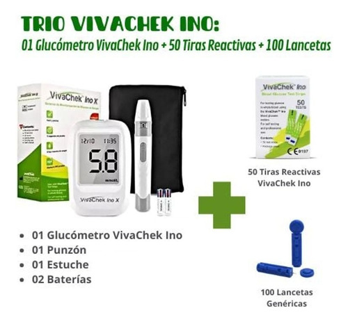 Glucómetro Vivachek Inox + 50 Tiras Vivachek + 100 Lancetas