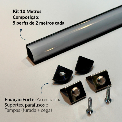 Kit 10 metros Perfil Led Barra Sobrepor One Side Canto Alumínio 5x2m 18x13mm Preto Alut By Avant