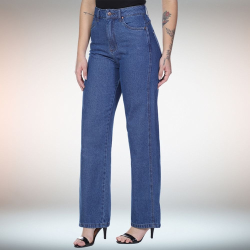 Calça Jeans Resistente Azul Lançamento Cós Alto Wide Leg